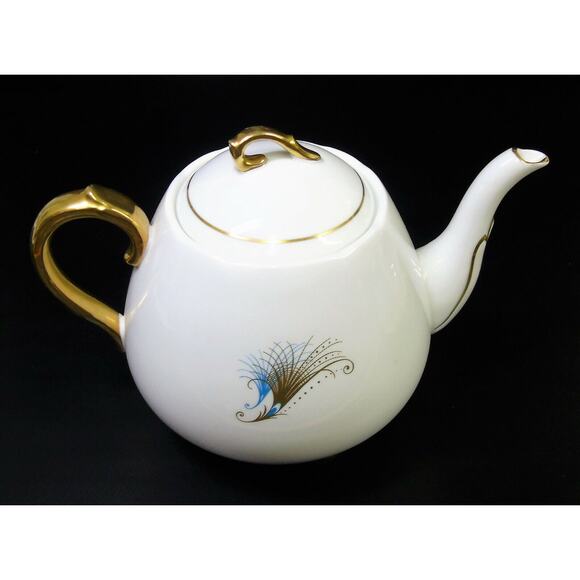 VTG Windsor England c1950 Porcleain TEAPOT Caribbean Gold Blue Peacock MCM - Picture 4 of 12